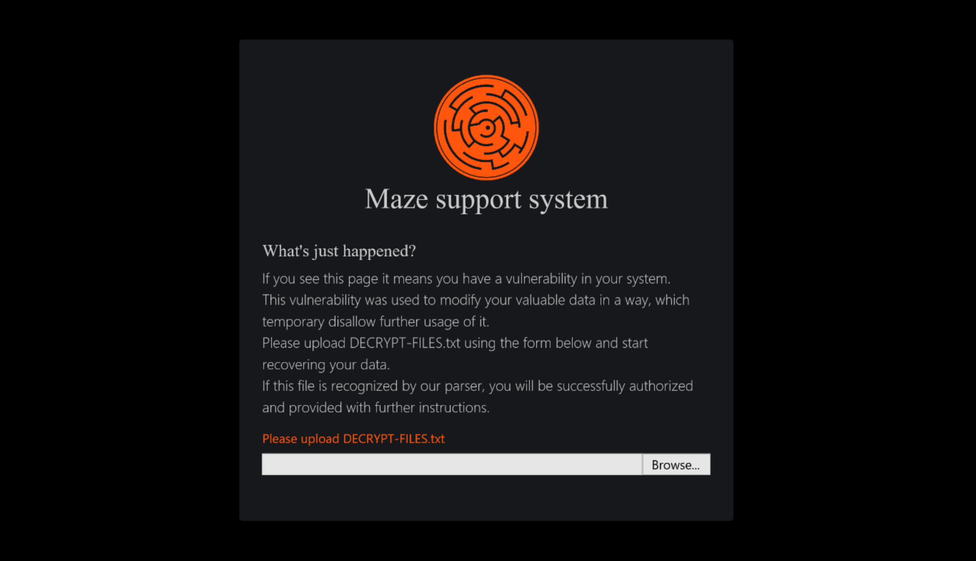 Тёмная веб-страница «Maze support system» с логотипом-лабиринтом и формой загрузки файла DECRYPT-FILES.txt для «авторизации» жертвы и получения инструкций по выкупу.