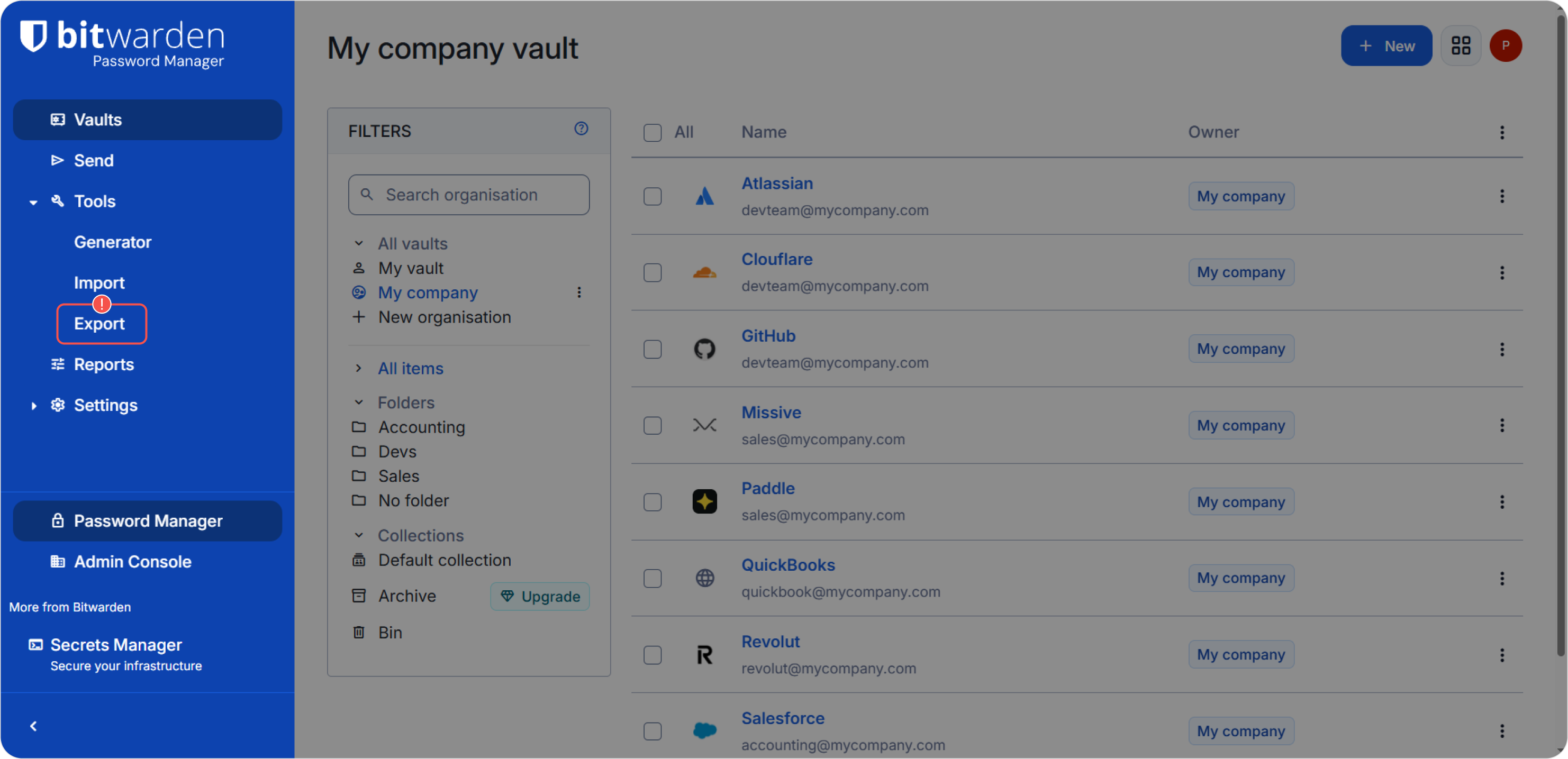 Открыть раздел Export в Bitwarden