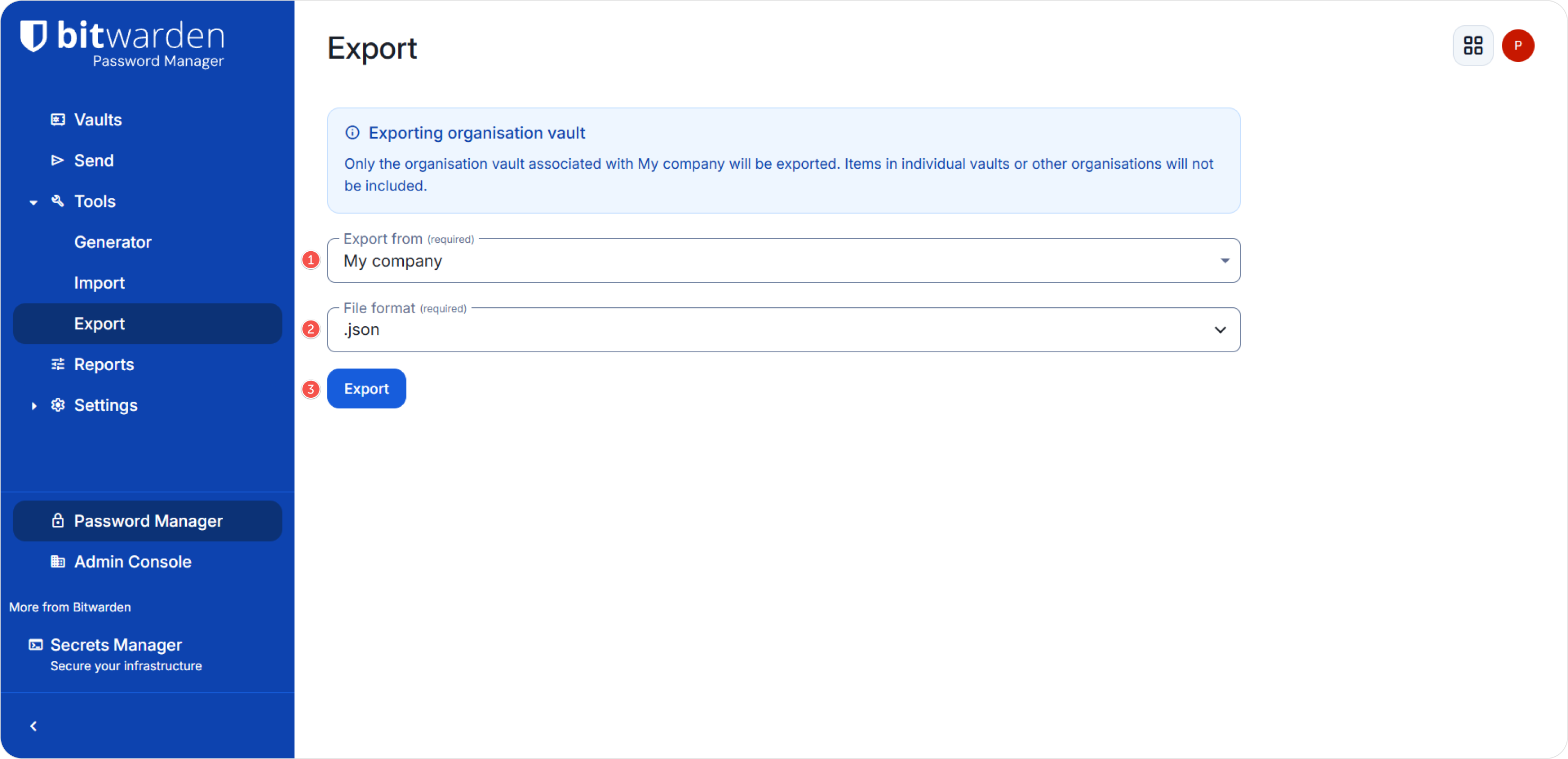 Выбор формата JSON для экспорта Bitwarden