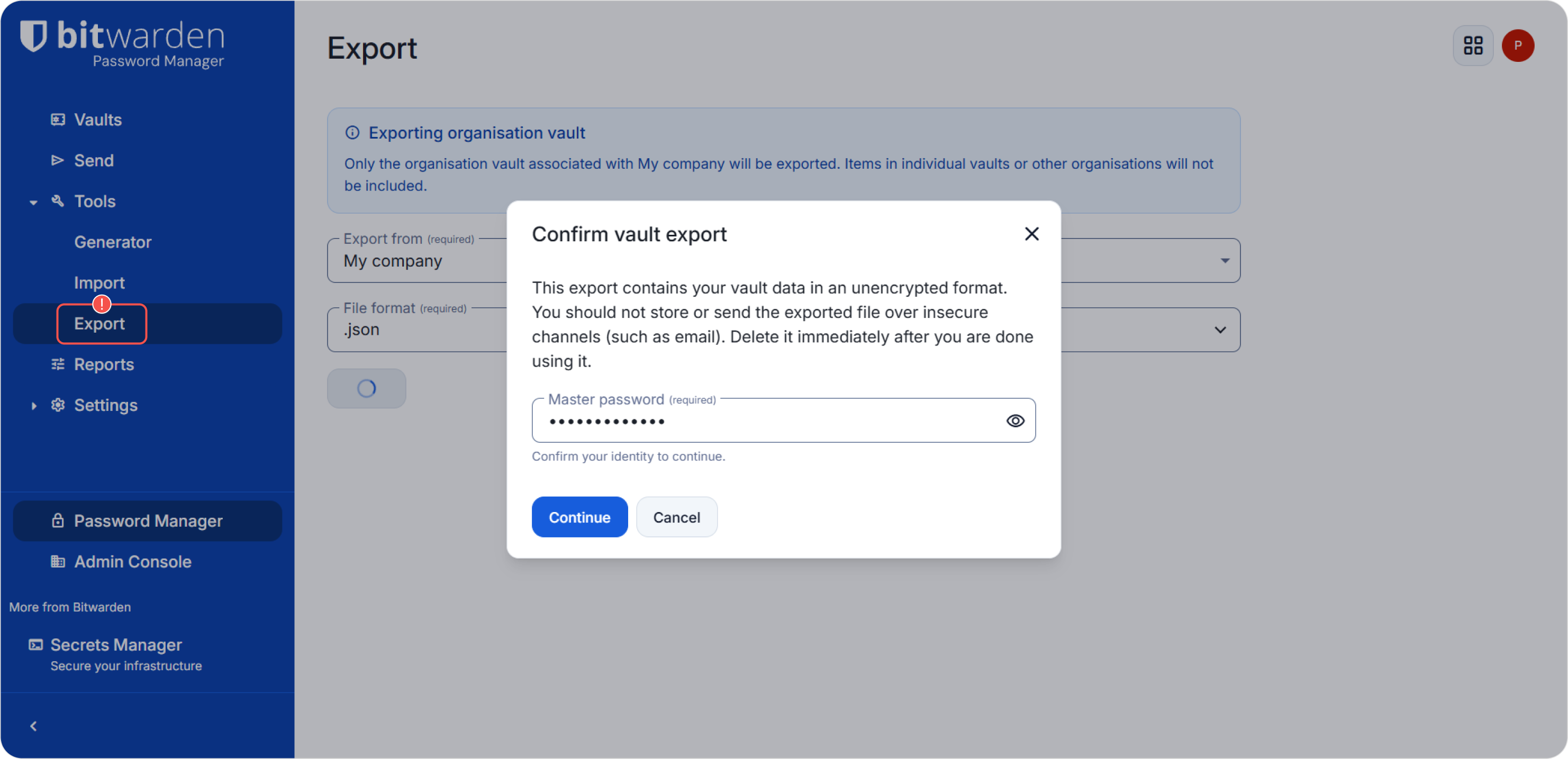 Подтверждение экспорта в Bitwarden мастер-паролем