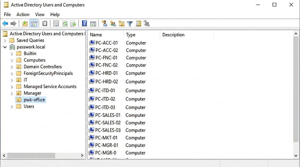 OU с компьютерными объектами клиентских машин в Active Directory Users and Computers