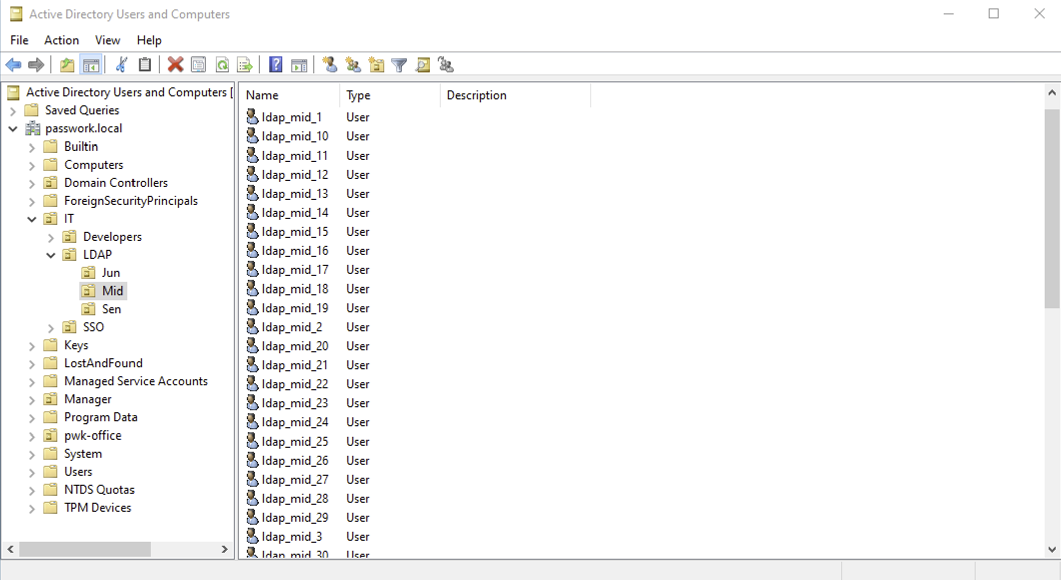 OU с пользовательскими объектами в Active Directory Users and Computers
