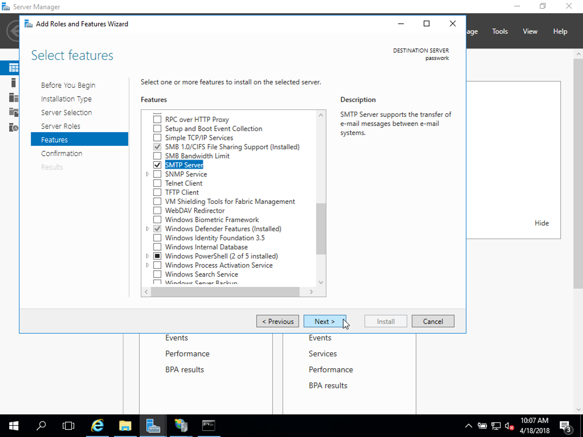 Добавление роли SMTP Server