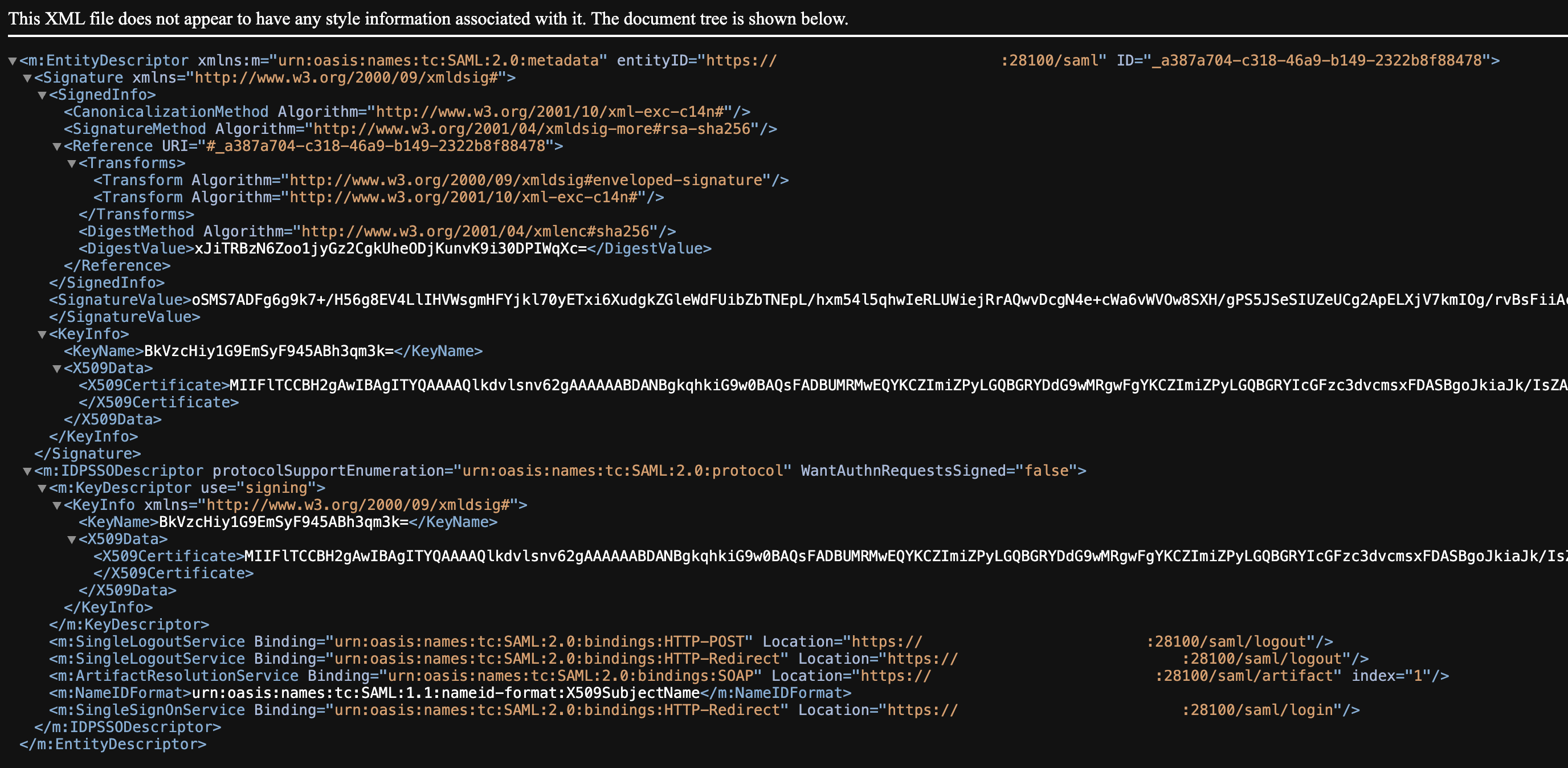 Пример xml вывода метаданных SAML JIP