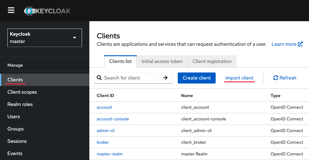 Импорт .json файла для создания приложения в KeyCloack