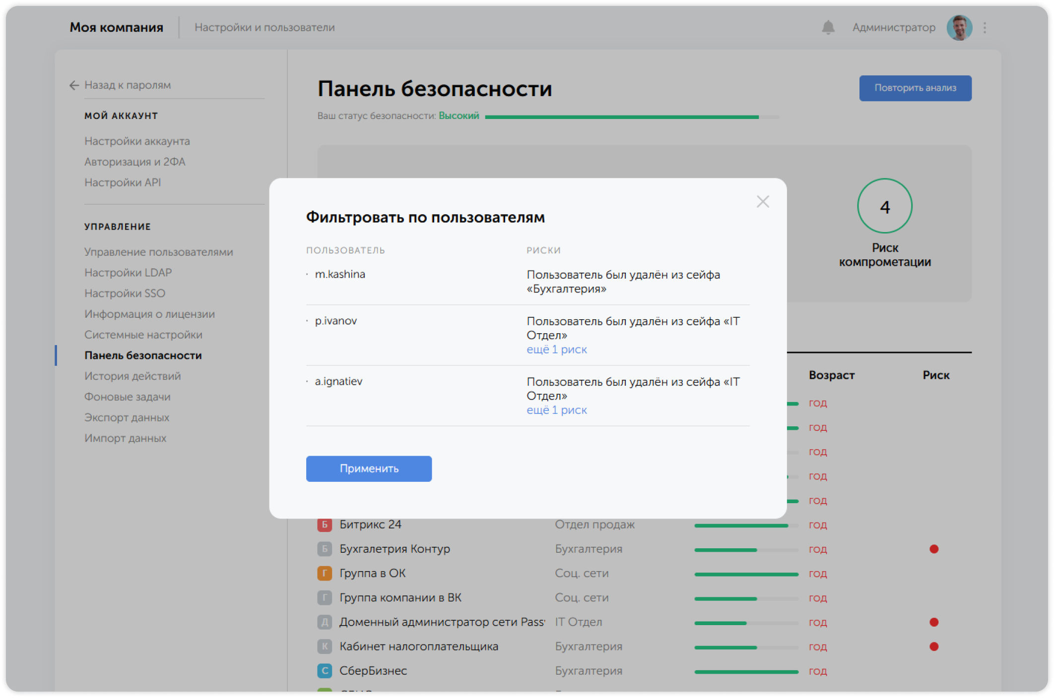 Список пользователей и риски