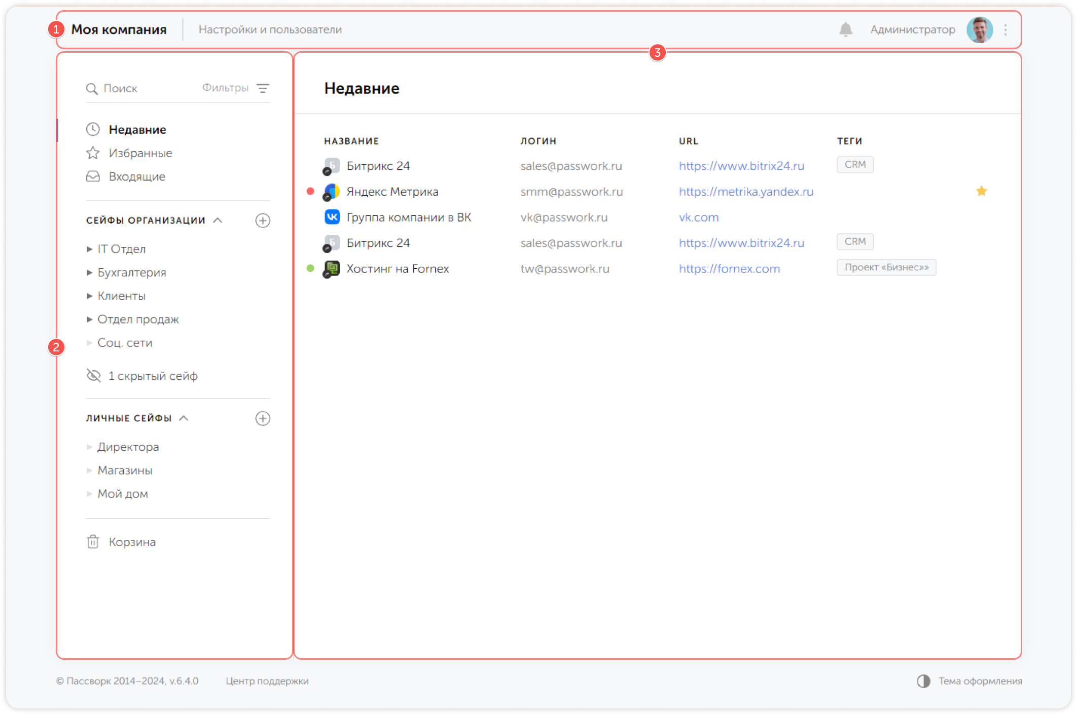 Главное окно Passwork