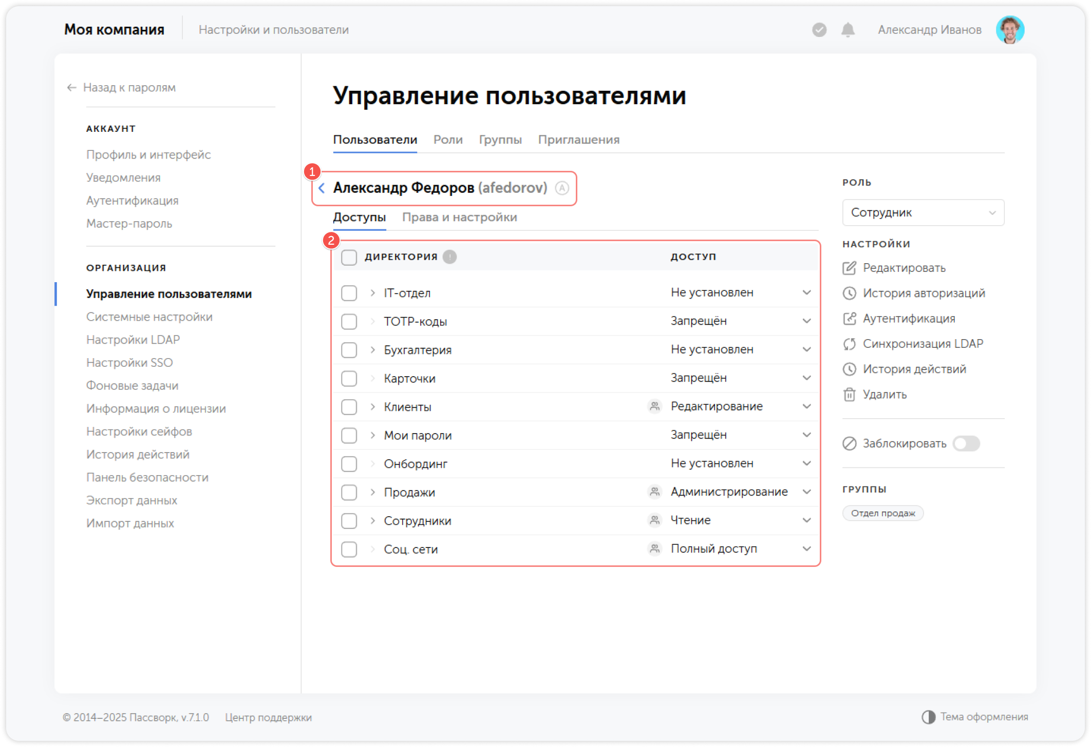 Список доступов пользователя