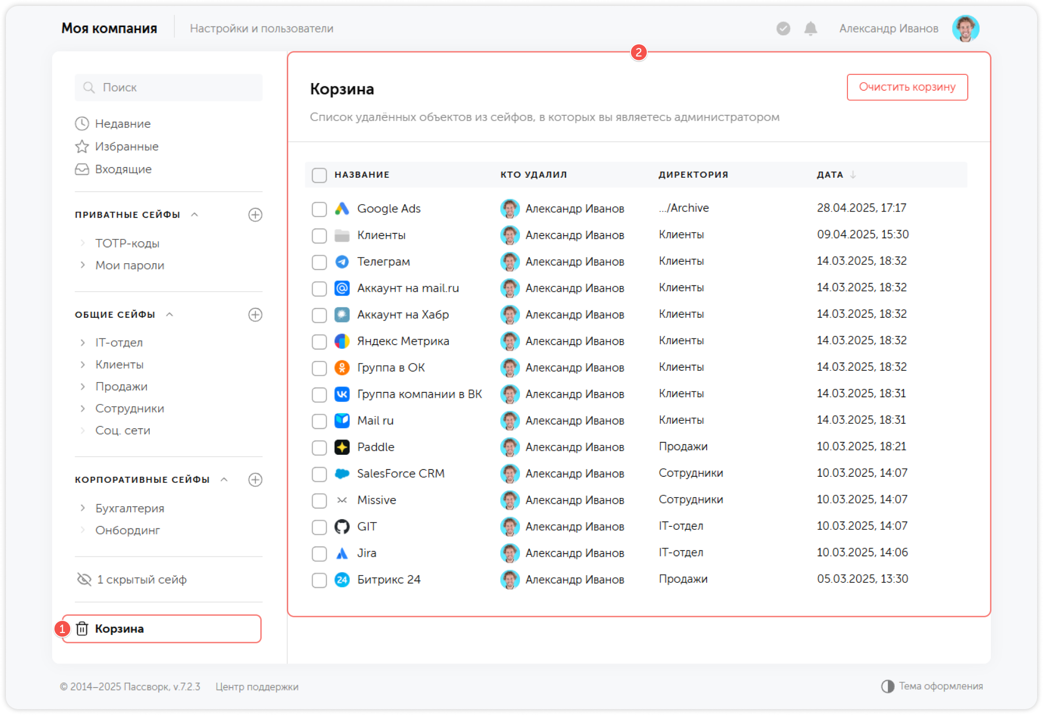 Корзина — список удалённых элементов